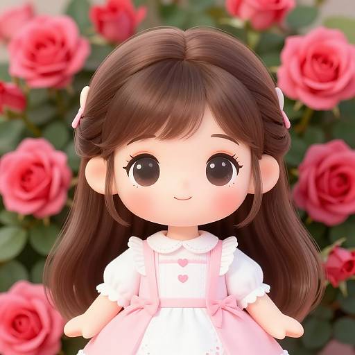 Photograph of a cute anime-style doll with large brown eyes, long brown hair, and pink dress, standing in front of vibrant pink roses.