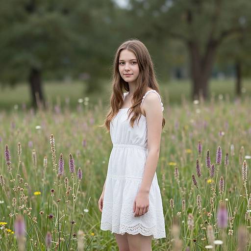 Young girl with long brown hair in a white lace sleeveless dress standing in a vibrant wildflower meadow, blurred trees in the background. Photograph.
