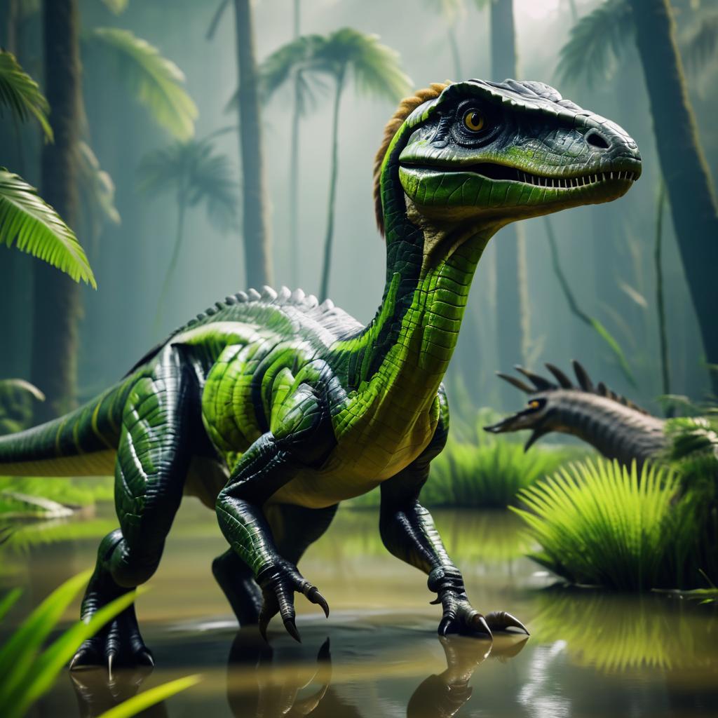 Robotic Velociraptor in Ancient Swamp