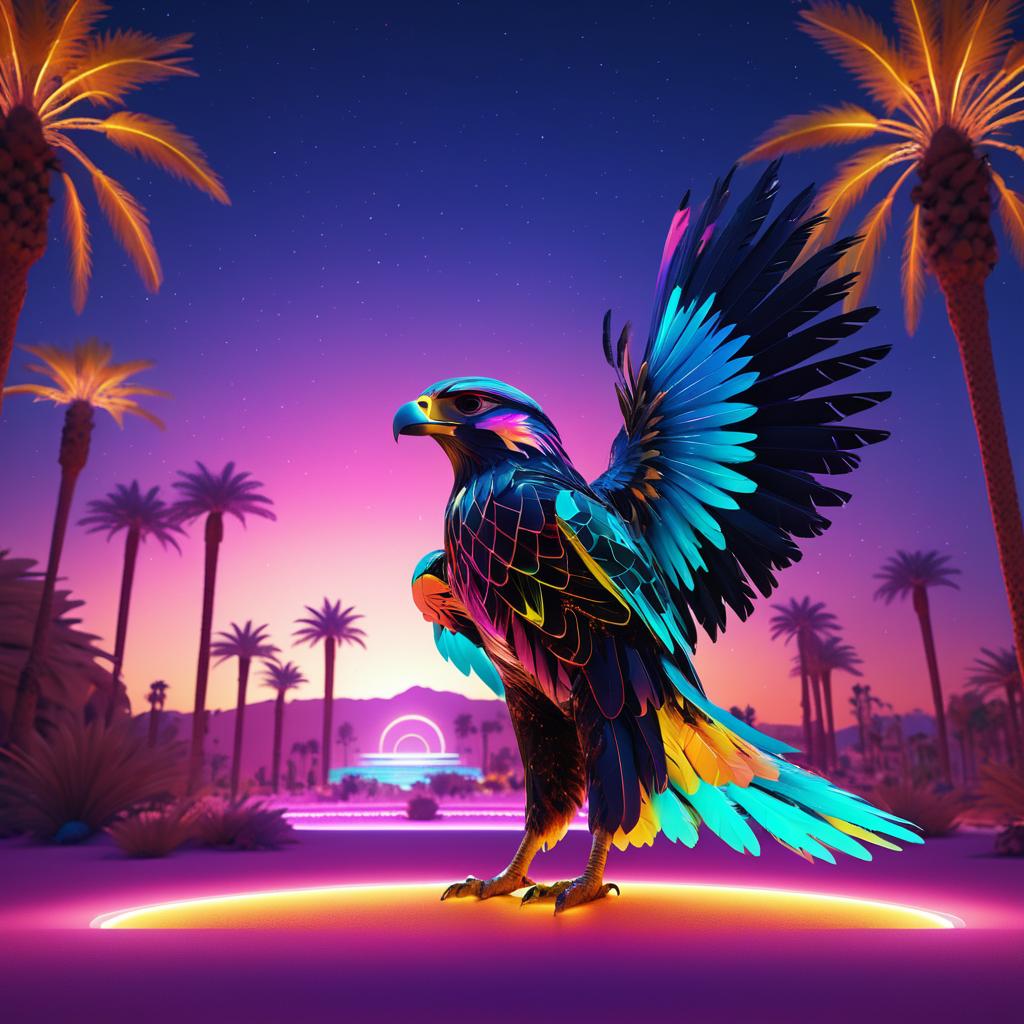 Surreal Neon Desert Oasis with Falcon