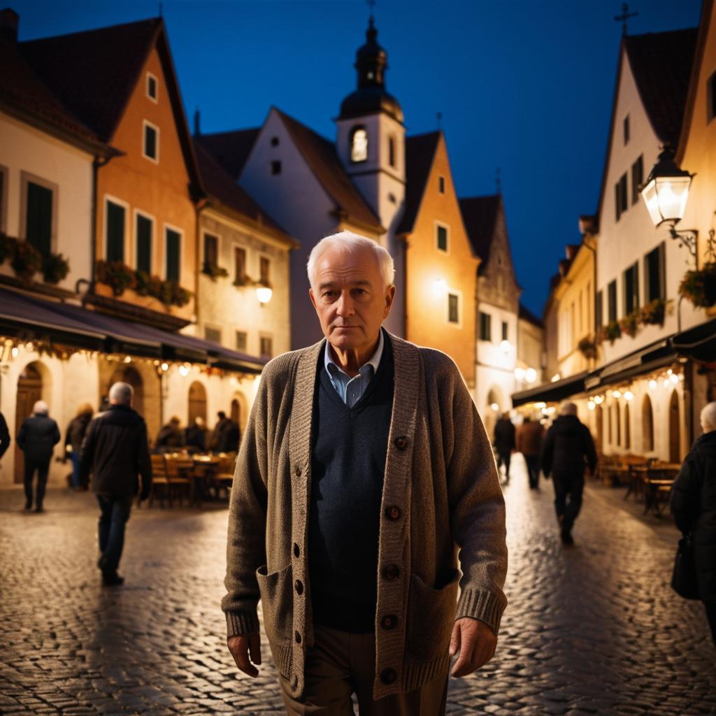 Elderly Man in Cozy Cardigan at Dusk