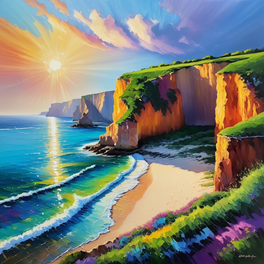 Vibrant Cliffs and Beach Oil Painting