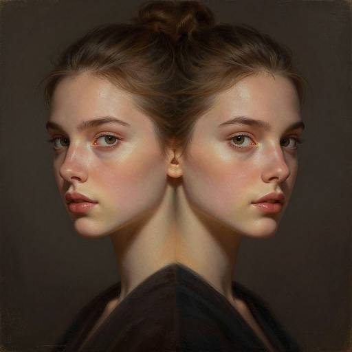 Digital art of a young woman with fair skin, brown hair in a bun, green eyes, and soft pink lips, portrayed in a mirrored double-profile