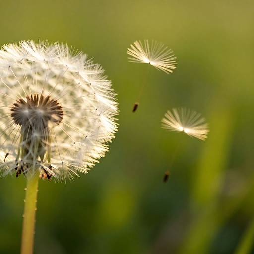 Close-up photograph of a glowing, white dandelion puff blowing seeds against a blurred green background, capturing delicate, sunlit moments.