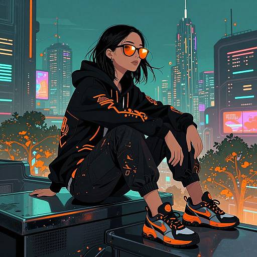 Cyberpunk Woman Overlooking Neon Cityscape