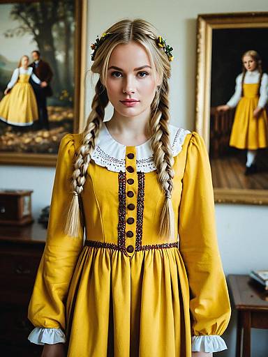 Photograph of a young blonde girl with braided hair, wearing a yellow dress with white lace collar and black buttons, standing in a room with two