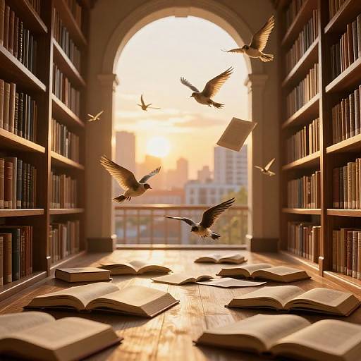 Golden Library with Soaring Books