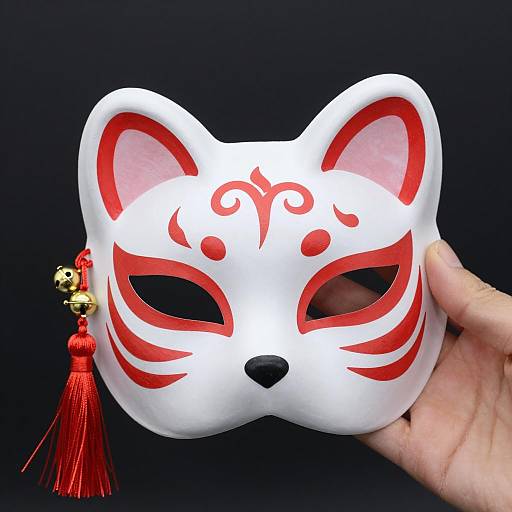 White Fox Mask with Red Markings and Tassel