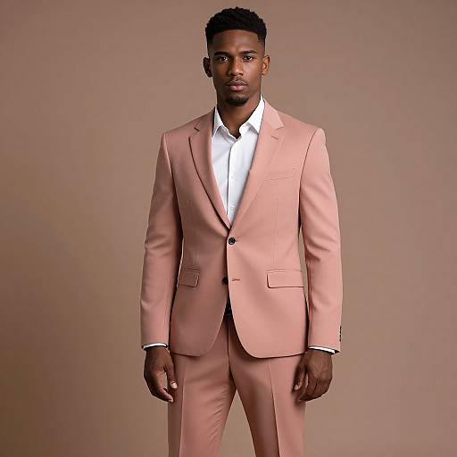 Photograph of a tall, handsome Black man with short hair, wearing a light pink suit with a white shirt, standing against a plain beige background.
