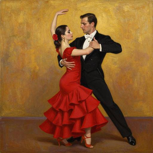 Photograph-style digital painting of a dancing couple; woman in red ruffled dress, black hair with red flower, man in black tuxedo.