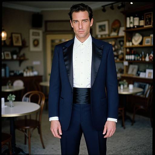 Photograph of a handsome, dark-haired man in a black tuxedo with a white shirt, standing in a dimly lit, cozy restaurant with