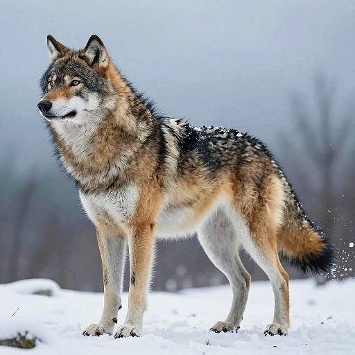 Photograph of a standing gray wolf with brown, black, and white fur, snowy background, and snowflakes on its back.
