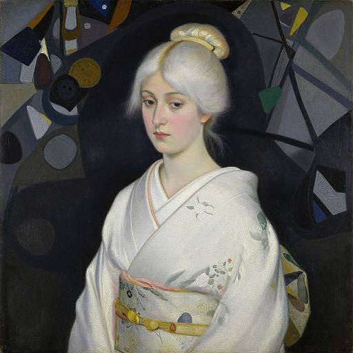 Oil painting of a pale-skinned, young Japanese woman with white hair in a bun, wearing a white kimono with floral embroidery, against a dark