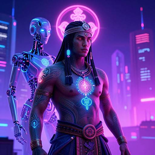 Cyber Shaman in Neon Cityscape