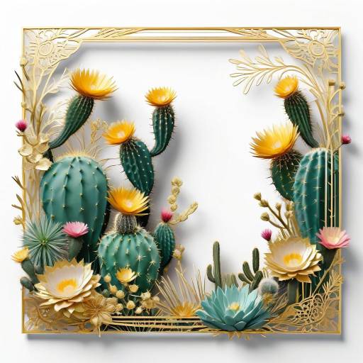 Elegant Geo Border with Cacti and Flowers
