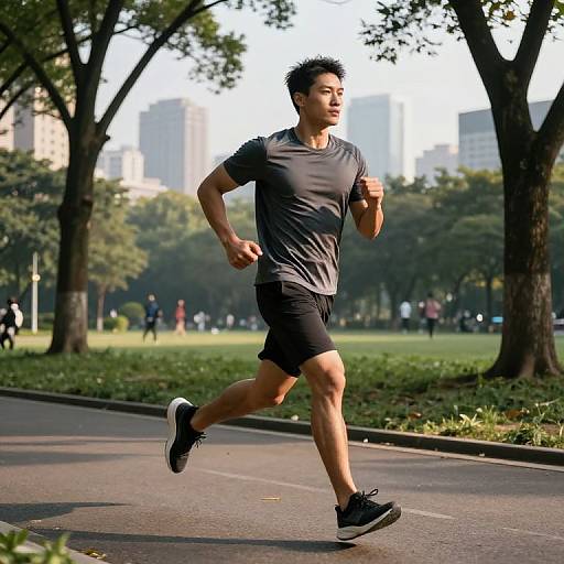 Photograph of a fit Asian man jogging in a park, wearing a black t-shirt, black shorts, and black sneakers, trees and city buildings in
