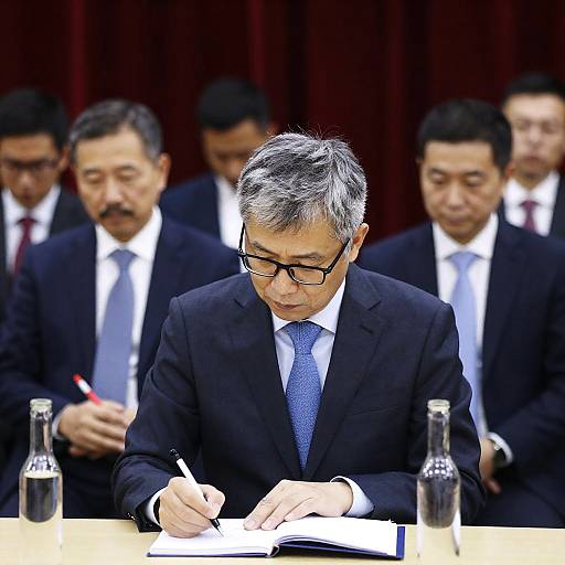 Middle-aged Asian men in suits at formal meeting