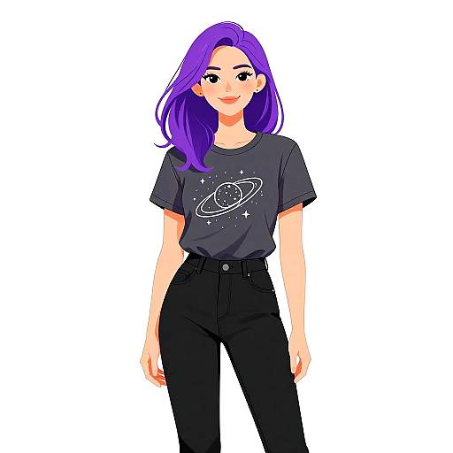 Digital anime-style illustration of a woman with purple hair, wearing a black T-shirt with a galaxy design, and black high-waisted pants.