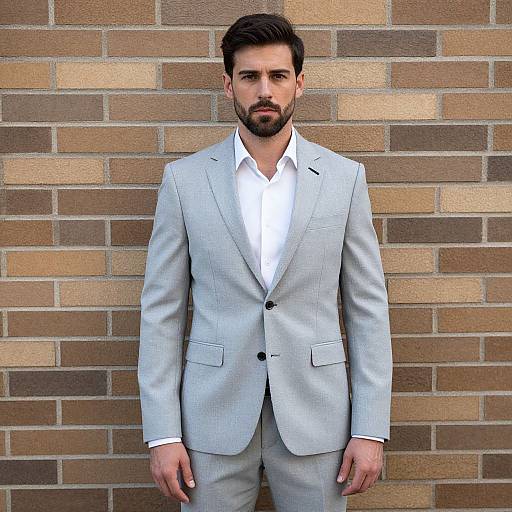 Handsome Man in Gray Suit Against Bricks