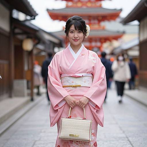 Photograph of a smiling Japanese woman in a pink kimono with floral patterns, holding a white woven handbag, standing in a traditional street with blurred