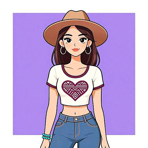 Digital illustration of a smiling young woman with brown hair, wearing a brown cowboy hat, white crop top with purple heart design, blue jeans, hoop earrings