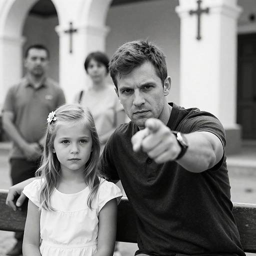 Serious Man Pointing with Young Girl in Black and White