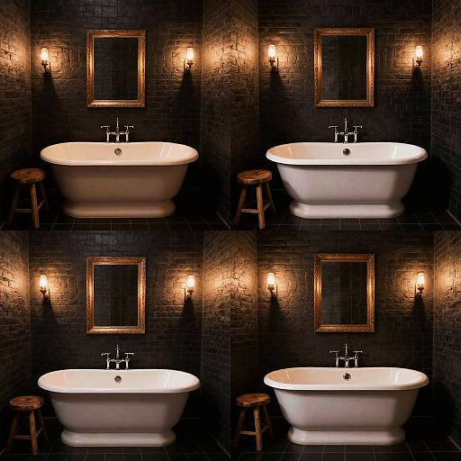 Photograph of a dimly lit bathroom with black tiled walls, two white freestanding bathtubs, wooden stools, and gold-framed mirrors