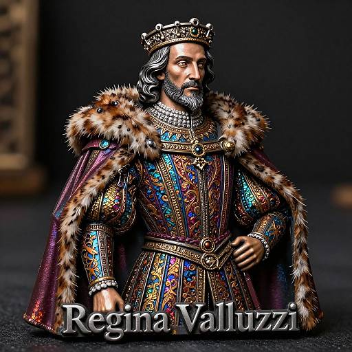 Photograph of a detailed, regal king figurine with a fur-trimmed cape, ornate gold crown, and colorful embroidered tunic,