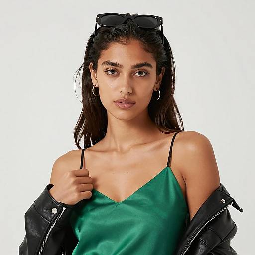 Stylish Young Woman in Satin and Leather