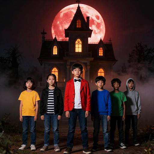 Halloween Kids in Front of Spooky House