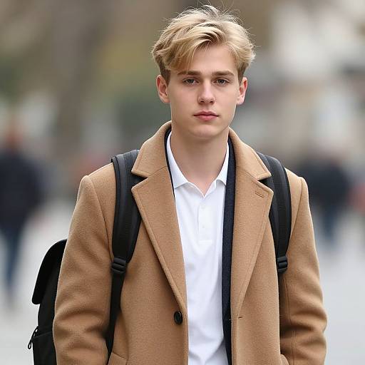 Young man with blonde hair, wearing a tan coat, white shirt, and black backpack, standing in a blurred urban background. Photorealistic photograph.