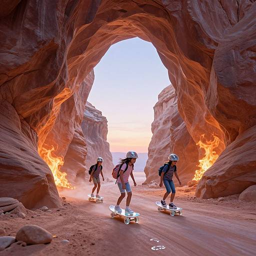 Photograph of three helmeted skaters riding through a fiery, narrow rock canyon at sunset, showcasing vibrant orange flames and a striking blue sky.