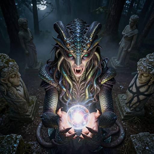 Digital artwork of a glowing-eyed, reptilian creature with intricate armor, holding a bright orb in a dark, misty forest surrounded by ancient stone statues