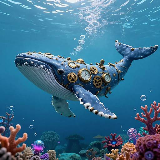 Steampunk Whale in Vibrant Underwater World