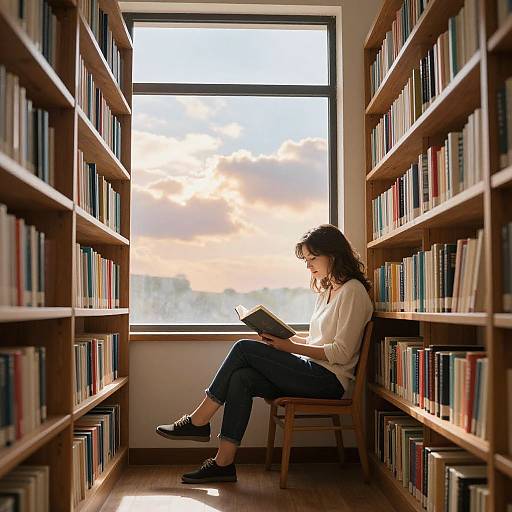 Photograph of a woman with curly brown hair, white sweater, and blue jeans, reading a book in a narrow library aisle with tall wooden booksh
