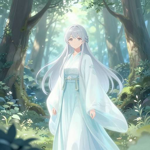Anime-style digital artwork of a silver-haired girl in a glowing white dress standing in a sunlit, enchanted forest with tall trees and lush greenery.