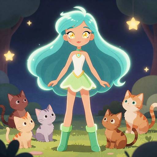 Magical Girl with Aquamarine Hair and Kittens