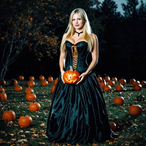 Blonde Woman in Black Corset Dress Holding Jack-o'-Lantern