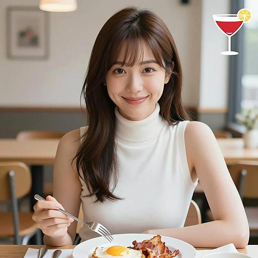 Smiling Asian Woman Enjoying Breakfast