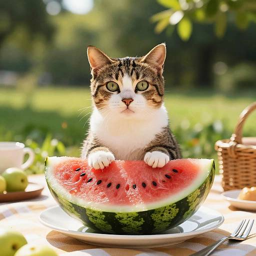 Cat Relaxing on Watermelon Slice