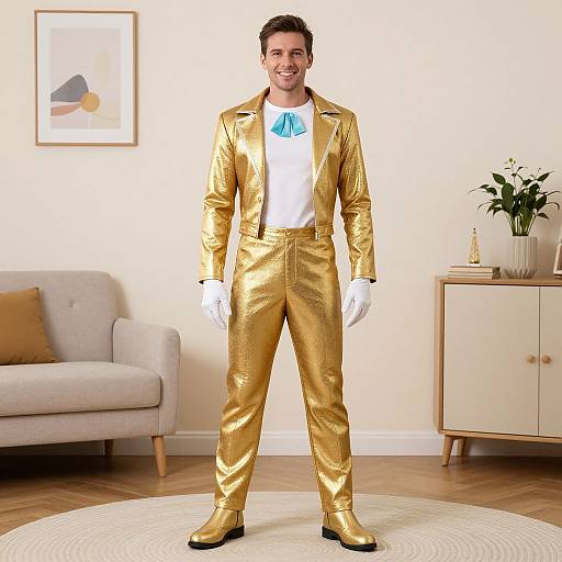 Photograph of a smiling man in a shiny gold suit, white shirt, blue bowtie, and white gloves, standing in a modern living room with