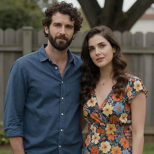 Photograph of a bearded man with curly hair in a blue shirt, standing close to a woman with long dark hair in a floral dress, in