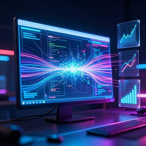 Neon-lit computer desk with glowing blue and pink lines on monitor, graphs, and charts, creating a futuristic tech atmosphere.