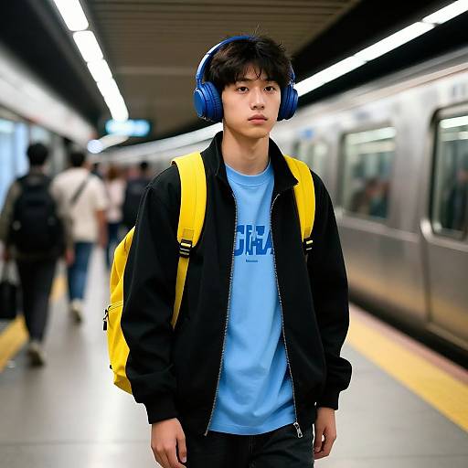 Photograph of Asian teenage boy with black hair, blue headphones, yellow backpack, black jacket, blue shirt, standing in modern subway station. Blurred