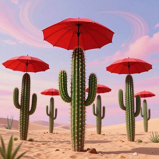Photograph of surreal desert landscape with green cacti, each topped with a bright red umbrella, under a clear blue sky with pink clouds.