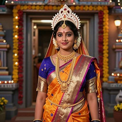 Photograph of a beautiful Indian bride in a vibrant orange and gold saree with blue blouse, gold jewelry, and white floral crown, standing in a