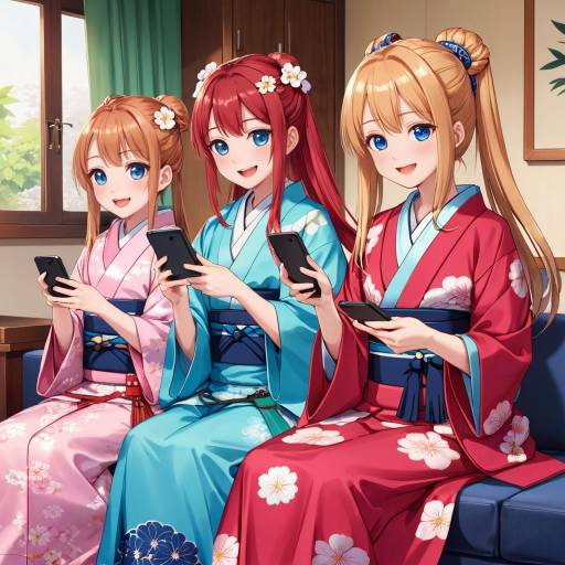 Girls in Colorful Kimonos on Couch