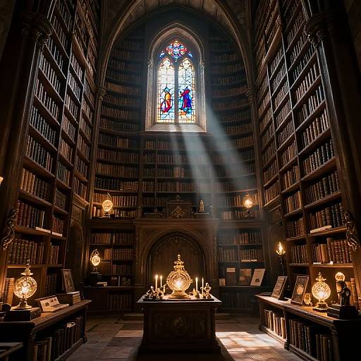 Photograph of a dimly lit, grand library with sunlight streaming through a colorful stained glass window, illuminating shelves of books and ornate globes