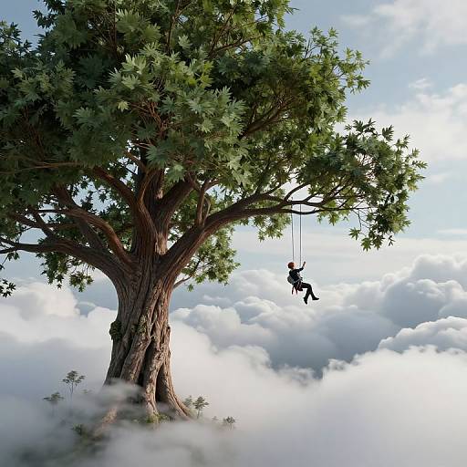 Photorealistic digital artwork of a large tree with lush green leaves, a person hanging by a rope from a branch, set against a cloudy sky backdrop