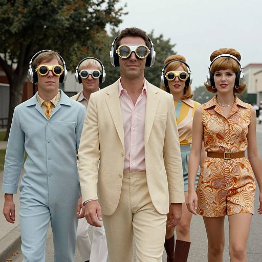Photograph of five retro-styled people in 1960s attire, wearing headsets and sunglasses, walking on a suburban street; central man in